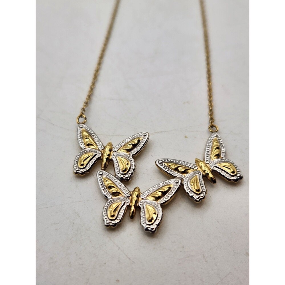 Vintage 1/20 12K GF Two-Tone Triple Butterfly Pendant Necklace 18" Gold Filled